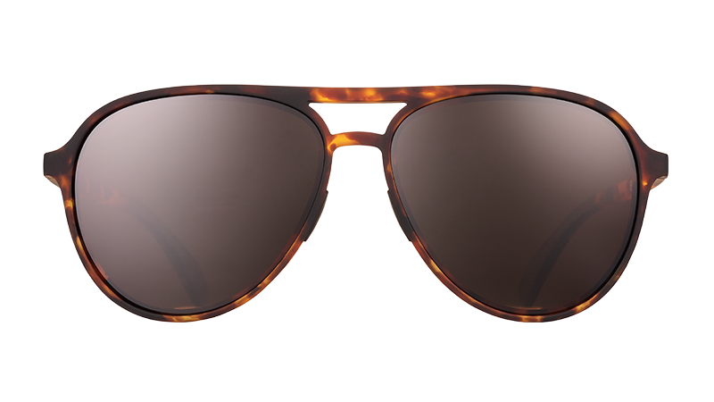 Front view of brown tortoiseshell aviator sunglasses with brown non-reflective lenses on a white background.