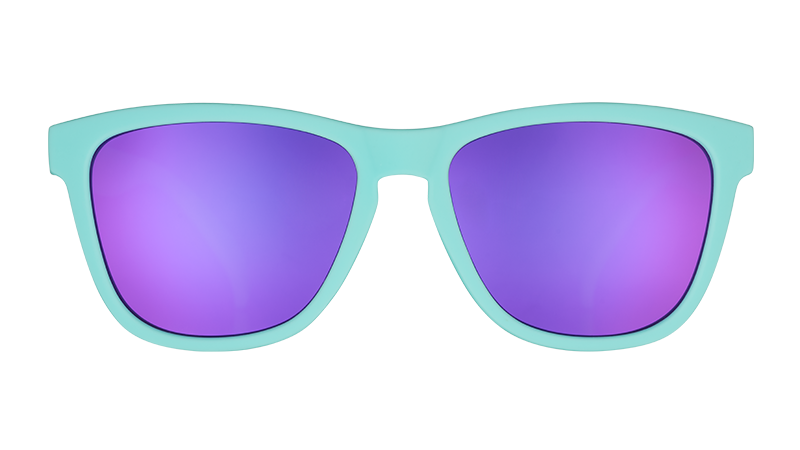 Front view of square-shaped baby blue sunglasses with purple reflective lenses.