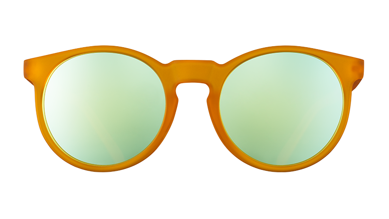 Front view of round orange sunglasses with light blue reflective polarised lenses.