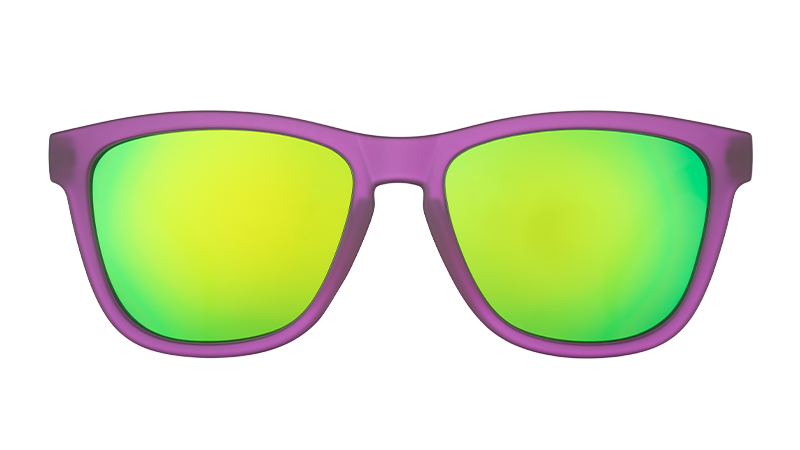 Front view of square-shaped purple sunglasses with polarised green reflective lenses. 