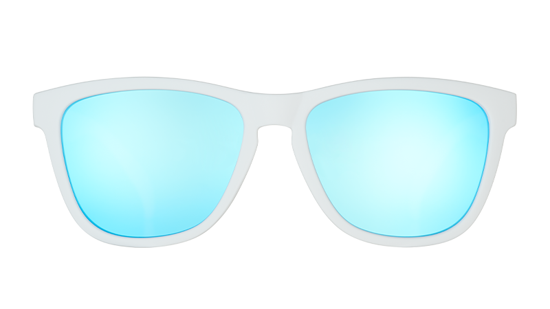Front view of square-shaped white sunglasses with polarised mirrored blue lenses.
