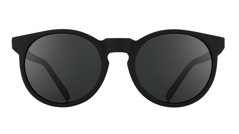 Front view of black round sunglasses with non-reflective black lenses.