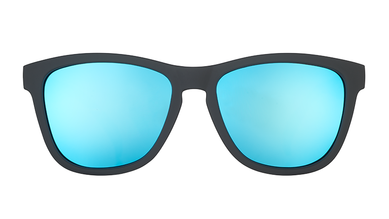 Front view of square-shaped black sunglasses with polarised blue mirrored lenses.
