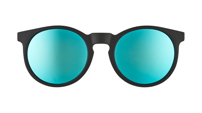 Front view of retro-inspired round black sunglasses with blue reflective circle-shaped lenses.