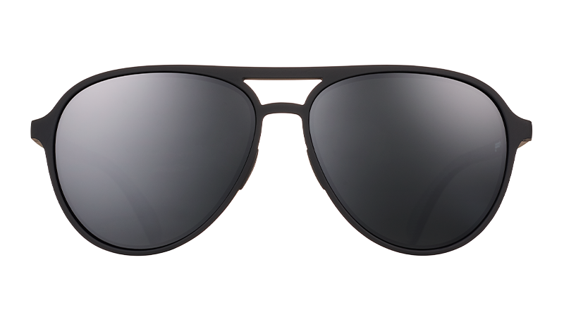 Front view of black aviator sunglases with non-reflective polarised black lenses.